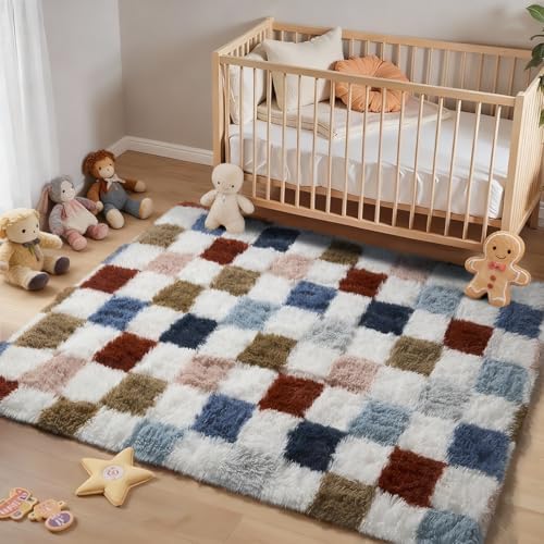 Ophanie Checkered Rainbow Rug for Living Room Bedroom,Colorful Fluffy Soft Cute Fuzzy Area Rugs,Shag Plush Shaggy Bedside Floor 4x6 Furry Carpet Kids Baby Teen Dorm Decor with Over 99 pcs Pile fibers - Image 5