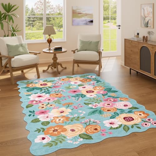 DUKINO 4x6 Area Rug, Non Slip Floral Washable Rug for Living Room, Teal by DUKINO