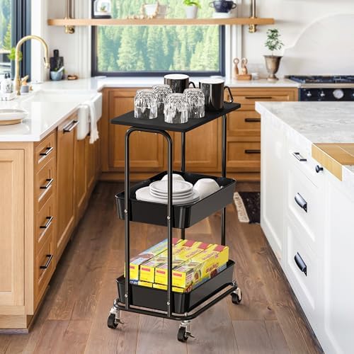 Simple Houseware 2-Tier Rolling Utility Cart Wood Top/Lockable Wheel, Black - Image 7