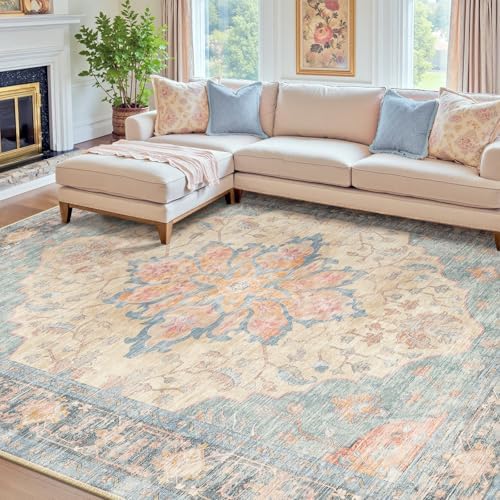 RELEANY Washable Area Rug, 8'x10', Blue/Orange/Red by RELEANY