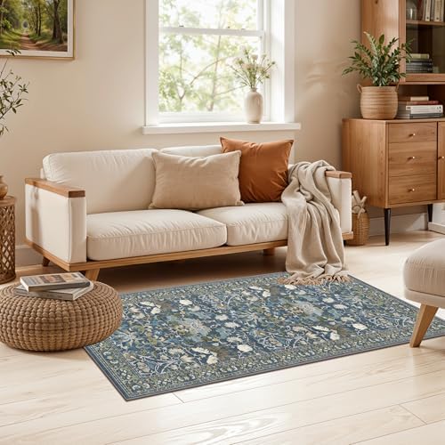 Washable 2x4 Entryway Area Rugs: Anti-Slip Thin Kitchen Carpet Indoor Light-Weight Doormat Ultra Soft Low Pile Nursery Room Rug Vintage Small Floor Mat for Hardwood Bedroom (2x4,Floral/Blue) - Image 2