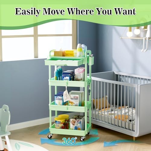 SUNALLY 4 Tier Rolling Cart with Drawer, Craft Storage Cart Organizer,Green - Image 4