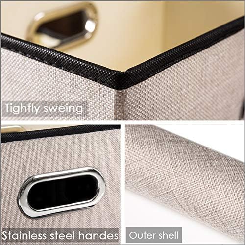 PRANDOM Foldable Storage Bin with Lid [3-Pack] Linen Fabric Decorative Storage Box Organizer Container Basket Cube with Handles Divider for Closet Office Living Room Light Grey(14.9x9.8x9.8) - Image 4