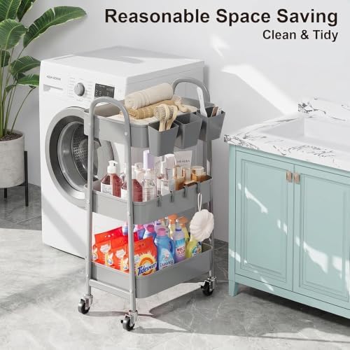 3 Tier Gray Metal Rolling Cart, Storage Cart with Handle & Lockable Wheels - Image 2