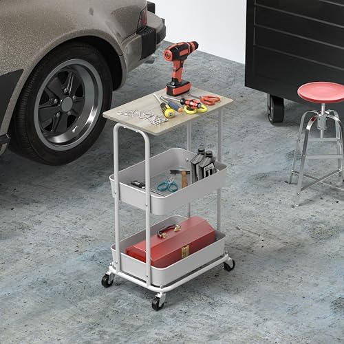 Simple Houseware 2-Tier Rolling Utility Cart Wood Top/Lockable Wheel, Maple - Image 6