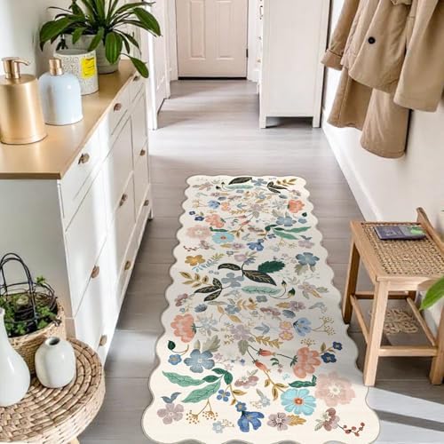 Hallway 2x5 Washable Runner Rug: Stain Resistant Floral Scalloped Rug for Kitchen Entryway Farmhouse Soft Carpet for Bathroom Bedroom Thin Laudry Living Room Floor Mat with Non Slip Backing(2x5,Cream) - Image 3