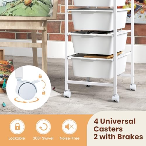 Giantex Rolling Storage Cart with 4 Drawers, Utility Cart w/Wooden Tabletop, Lockable Wheels, Multipurpose Organizer for Art Craft Scrapbook Paper, Drawer Carts for Dorm Classroom Office, White - Image 6