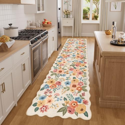 DUKINO 2x8 Washable Runner Rug, Floral Non Slip Kitchen Rugs, Beige Yellow - Image 3