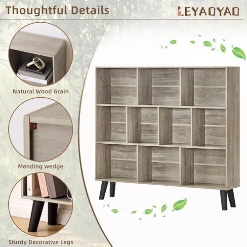 LEYAOYAO 10 Cube Bookshelf,Mid-Century Modern Bookcase with Legs,Retro Grey - Image 5