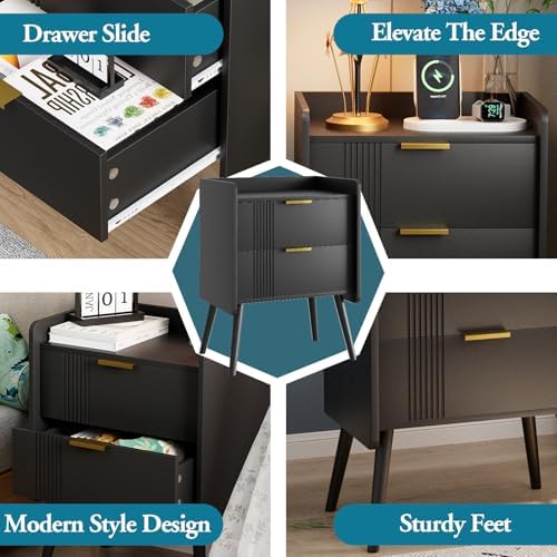 Aenuert Black Nightstand Modern Bedside Table with 2 Storage Drawer, Small Night Stand, Wooden Sofa Side Table for Bedroom, Study Room and Small Spaces - Image 7