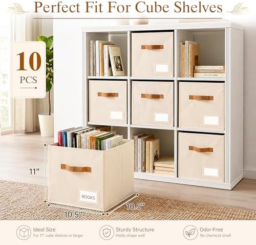 Storage Cubes 10 Pack, 11 Inch Fabric Storage Cubes Organizer Bins with Labels, Odor-Free & Sturdy PP Structure, Cubby Baskets for Closet, Shelves, Toys & Nursery (Beige) - Image 2