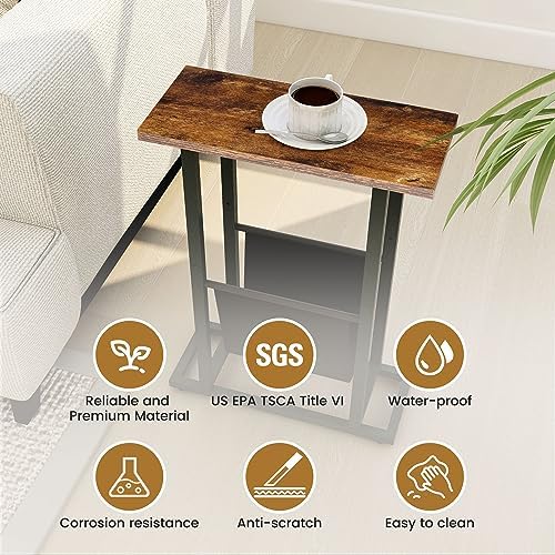 FLYJOE Narrow Side Table with PU Leather Magazine Holder Rustic Slim Little Thin Table for Living Room, Bedroom, Sofa, Rustic Brown - Image 4