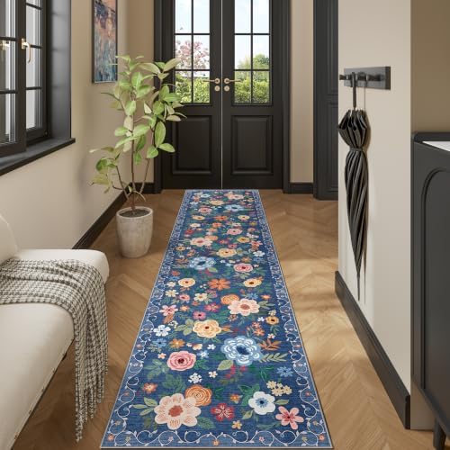 DUKINO 2x10 Runner Rug, Floral Washable Kitchen Runner Rug Non Slip, Blue - Image 5