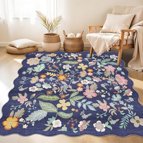 Floral Square Area Rug for Family: Washable 5x5 Scalloped Carpet for Living Room Bedroom Soft Water Resistant Floor Mat with Non Slip Backing for Kitchen Nursery Dorms Farmhouse Home Decor(5x5,Purple) - Image 4