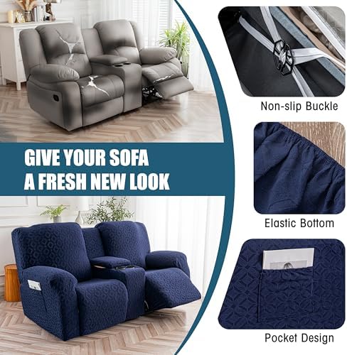 Genina Waterproof Recliner Loveseat Cover,2 Seat with Console,Navy Blue - Image 5