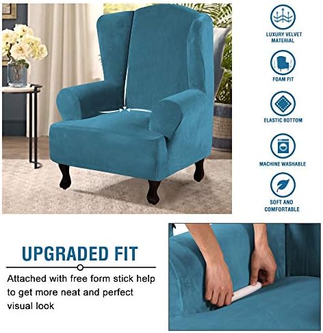 H.VERSAILTEX Wingback Chair Covers Velvet Plush Wing Chair Slipcover 1 Piece High Stretch Wing Back Chair Slipcovers Sofa Cover Furniture Cover with Elastic Bottom, Peacock Blue - Image 4