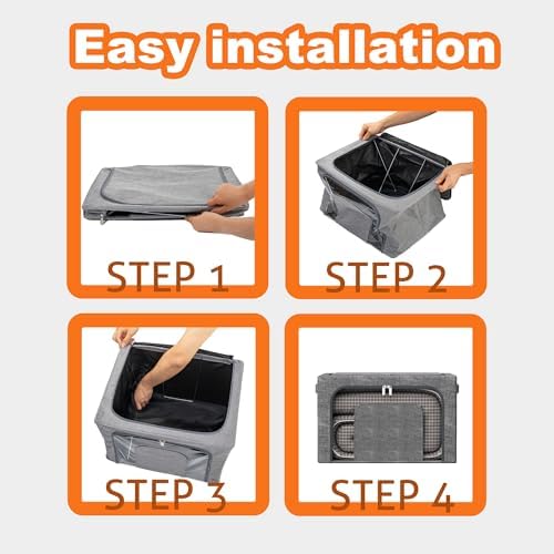 64L Large Stackable Storage Bins with Metal Frame (4 Pack), Foldable Fabric Clothes Organizer with 2 Clear Windows & Reinforced Handles, Dual-Opening Storage Containers for Closet, Underbed, Grey - Image 7