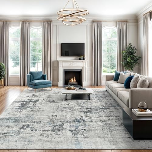 Soalmost Abstract Rug 8x10 Large Living Room Area Rugs Washable Gray/Blue by Soalmost