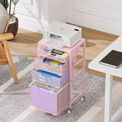 Sbanmao 4 Drawer Rolling File Cart Under Desk Storage, File Cabinets for Home Office, Mobile Filing Cabinet, Hanging File Organizer with Wheels, Utility Cart Printer Stand, Pink - Image 2