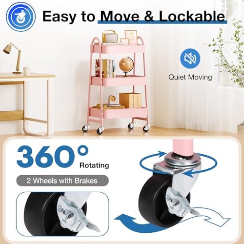DUMOS 3 Tiers Rolling Cart, Utility Cart, Metal, Pink - Image 4