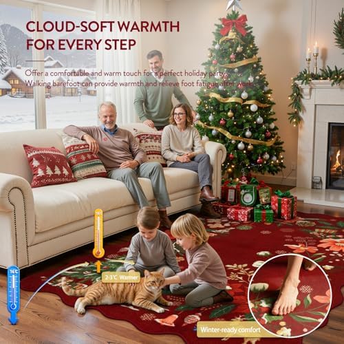 Lahome Floral Christmas Rugs for Living Room, Washable Christmas Rug 8x10 Under Bed Soft Xmas Tree Red Rug, Stain Resistance Large Carpets for Dining Room Office Home Decor, Red - Image 4