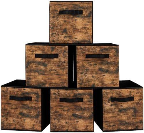 Stero Fabric Storage Cubes, 6 Pack Foldable Storage Bins with Handle, 11 Inch Box for Shelves, Closet, Organizer, Rustic Brown and Black by Stero