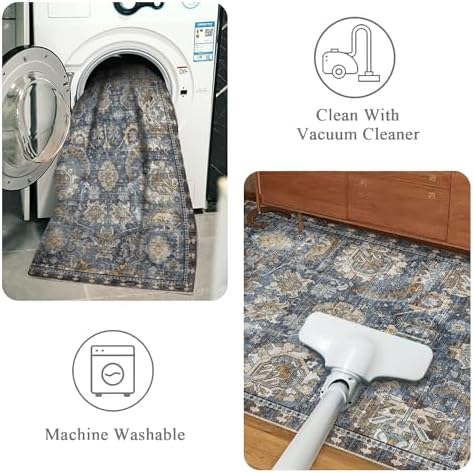 RUGSURE Washable Area Rugs - Perfect for Living Room, Bedroom, Kids Room, Nursery - Stain & Water Resistant Non-Slip, Pet & Child Friendly, Vintage Tribal Area Rugs (Navy, 6' x 9') - Image 4