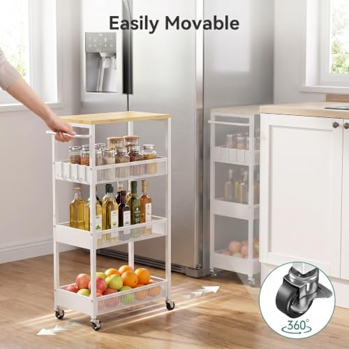 Rolling Utility Cart, 4 Tier 11.8" Wide Metal Storage Cart with Handle and Wood Top, Multifunctional Mobile Shelf Unit Organizer Trolley for Laundry, Bathroom, Kitchen - Image 4