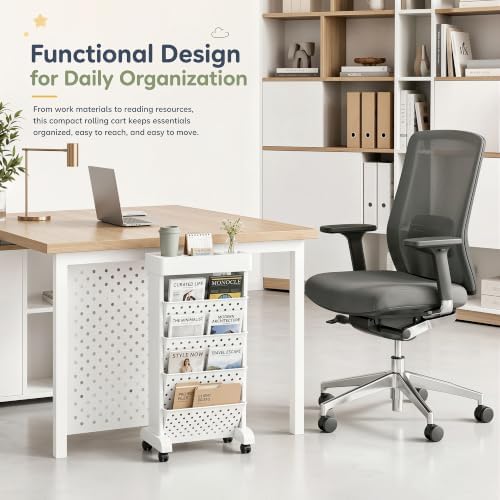 5-Tier Rolling Bookshelf Cart with Wheels, White - Image 5