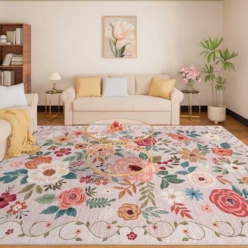 DUKINO 9x12 Area Rug for Living Room, Floral Washable Rug Non Slip, Beige - Image 4