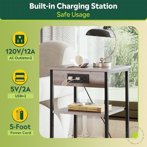 WLIVE Grey End Table with Charging Station, Small Night Stand - Image 4