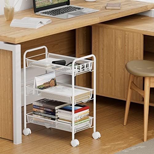 3-Tier Mesh Rolling Cart - 24.8" H Fits Under Desk Metal Cart with Wheel - Image 2