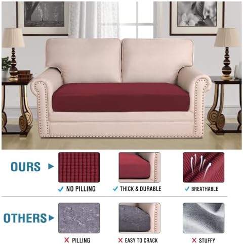 H.VERSAILTEX Super Stretch Individual Seat Cushion Covers Sofa Covers Couch Cushion Covers Slipcover Sets Thick Jacquard Textured Twill Fabric (1 Piece Loveseat Cushion Cover, Burgundy Red) - Image 2