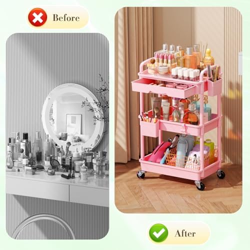 SUNALLY Makeup Cart Organizer with Drawer, 3 Tier Rolling Makeup Cart, Pink - Image 5