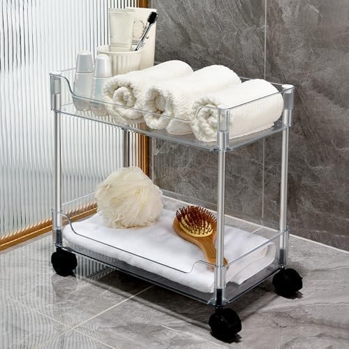 Betoveren 2 Tier Utility Rolling Cart Storage Organizer with Wheels Under Desk Mobile Bathroom Cart Organizer for Office Bathroom Home Kitchen Organization Transparent (Width 8.85 Inches) - Image 4