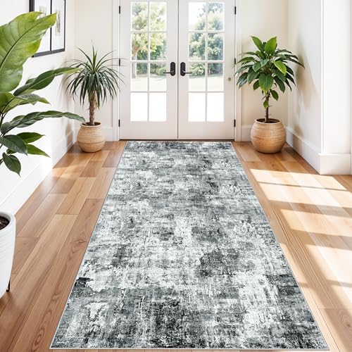 4x10 ft Extra Wide Hallway Rug – Non-Slip Washable Rubber-Backed Large Carpet Runner for Kitchen, Entryway | Modern Abstract, Low-Pile Thin Floor Mat for Bedroom Living Room Dining Room（Grey） by ZHXXUJ