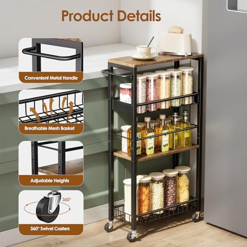 Slim Rolling Storage Cart, 4 Tier Narrow Storage Cart, 7.1in(W) - Image 6