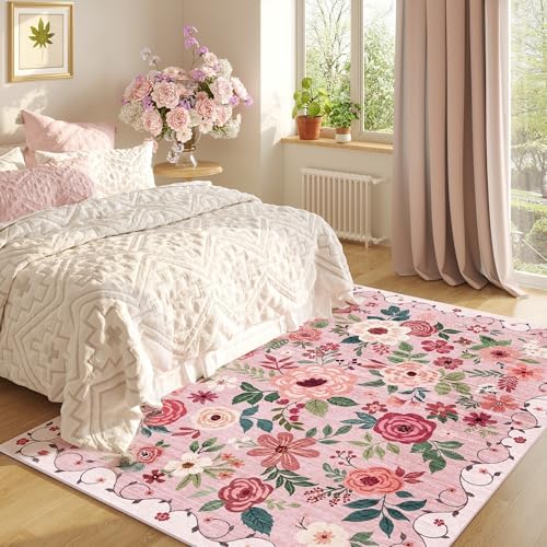 DUKINO 4x6 Area Rug, Floral Washable Rug Non Slip Office Chair Mat, Pink - Image 5