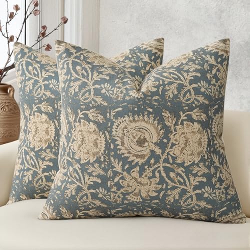 Vintage Floral Print Throw Pillow Covers 26x26 Set of 2 Neutral Modern Farmhouse Accent Decorative Cushion Covers Boho Home Decor for Couch Sofa Chair Bed Living Room, Dusty Blue by DKwizme
