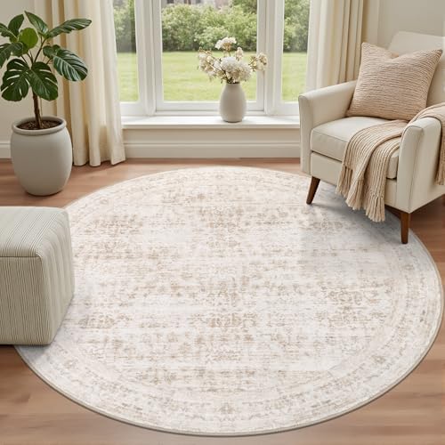 Round Area Rug for Living Room: 4ft Boho Washable Rug Beige Brown - Image 2