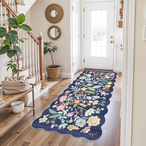 Washable 3x6 Hallway Runner Rug: Low-Pile Floral Scalloped Entryway Runners Non-Slip Stain Resistant Carpet for Kitchen Bathroom Laundry Room Soft Floor Mat for Living Room Bedroom Nursery(3x6/Purple) - Image 3