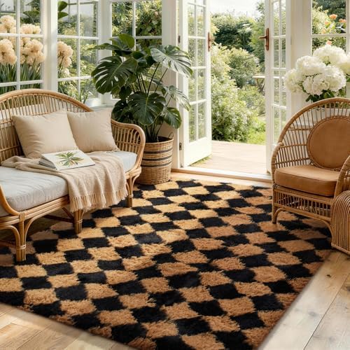 Ophanie Black & Beige Diamond Checkered Rugs for Living Room Bedroom,Rhombus Fluffy Soft Cute Fuzzy Area Rug,Plush Shaggy Bedside Floor 4x6 Furry Carpet Kids Dorm Decor with Over 99 pcs Pile fibers by Ophanie
