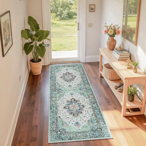 RELEANY Washable Area Rug, Runner 2'x6', Teal Green/White/Navy - Image 3