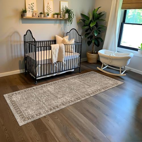 Washable 2x6 Runner Rug, Non Slip Kitchen Hallway Vintage Brown - Image 3