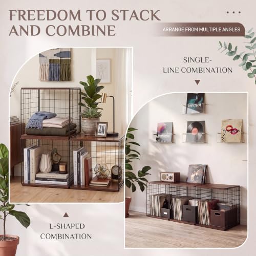 Novabright 3 Pcs Stackable Organizer Bookshelves with Wood Top Extra Storage, DIY Variable Stackable Cube Storage Organizer for Bedroom, Living Room, Walnut Color - Image 6