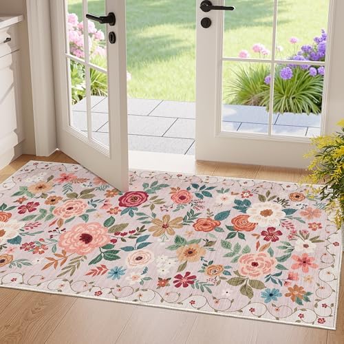 DUKINO 2x4 Entryway Rug, Floral Washable Kitchen Rugs Non Slip, Beige by DUKINO