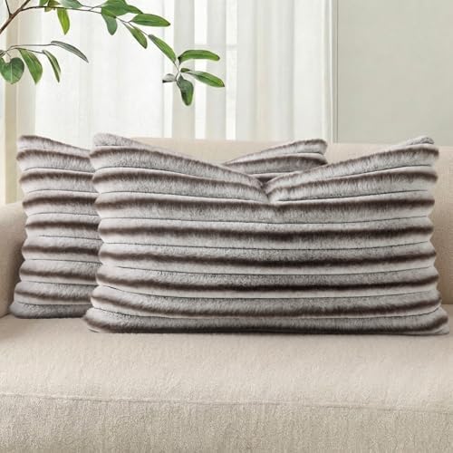 Pallene Faux Fur Decorative Throw Pillow Covers 12x20 Set of 2, Ombre Brown by PALLENE