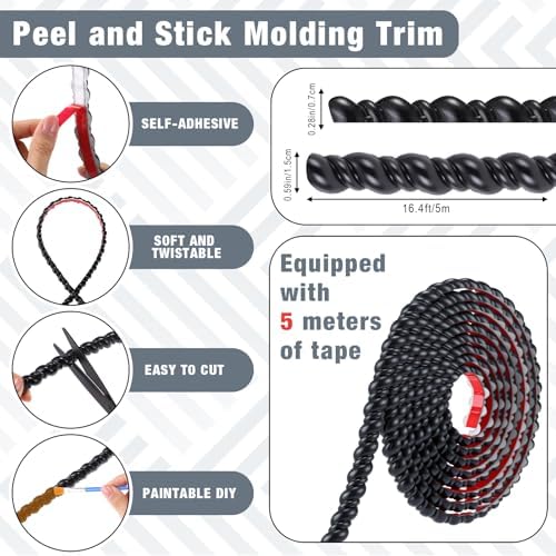Peel and Stick Molding Trim Flexible Molding Trim for Walls Self Adhesive Paintable DIY Wall Trims for DIY Mirror Frame Cabinet Edge Picture(Classic,16.4 ft x 0.59 Inch,Black) - Image 3