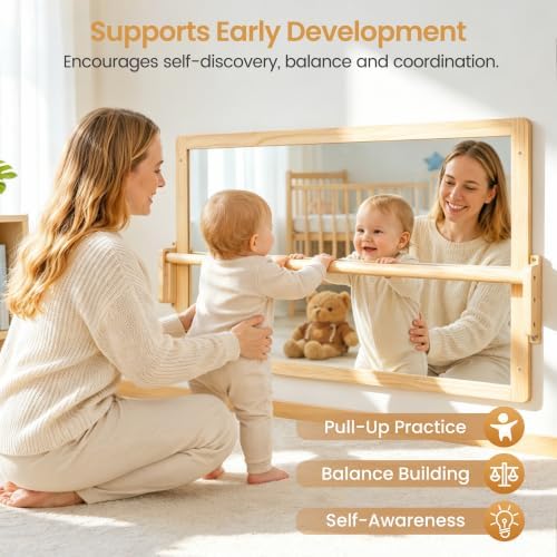 Montessori Mirror with Pull Up Bar, Large 38.2 x 23.6 in Natural Wood & Shatter-Resistant Acrylic Baby Mirror for Tummy Time, Horizontal/Vertical Floor Use, Wall Mounting and Pull-to-Stand - Image 6