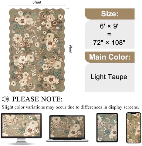 DUKINO 6x9 Area Rugs, Floral Washable Living Room Rug Non Slip, Light Taupe - Image 2
